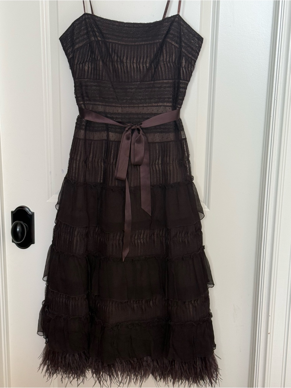 Chocolate Brown Tiered Lace Party Dress with Satin Belt